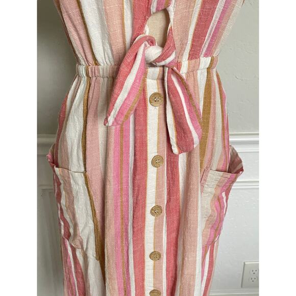 Lush Pink Striped Linen Button Front Tie Cut Out Midi Dress - Picture 4 of 8